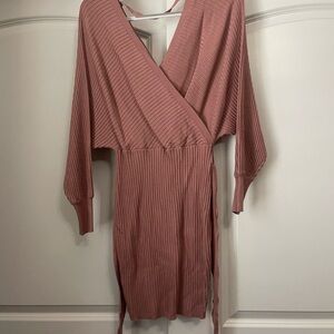 Fashion Nova Dusty Rose Ribbed Wrap Knit Dress